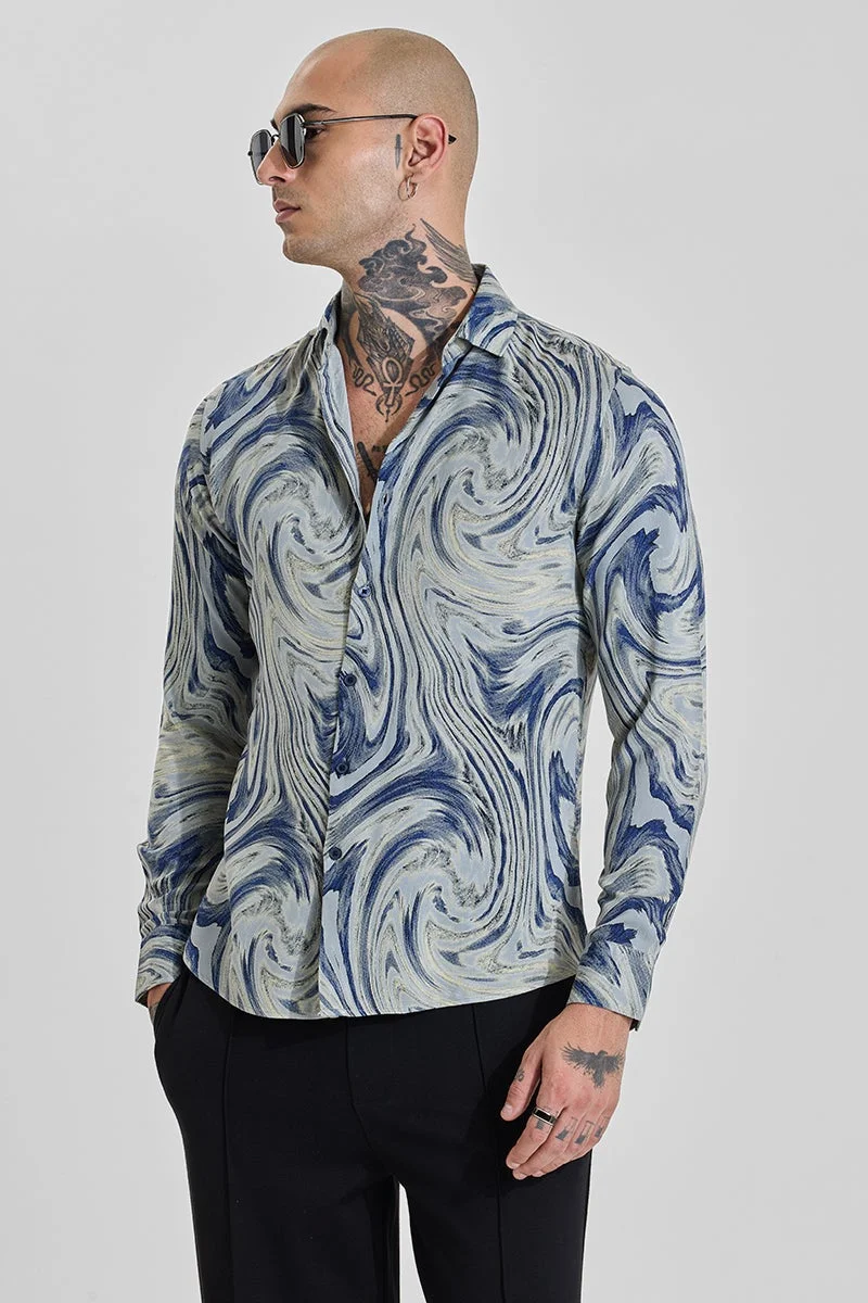 سنيتش Steel Blue Abstract Long Sleeve Slim Fit Shirt