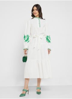 YAS Embroidered Belted Detail Collar Neck Ruffle Dress  - Image 1