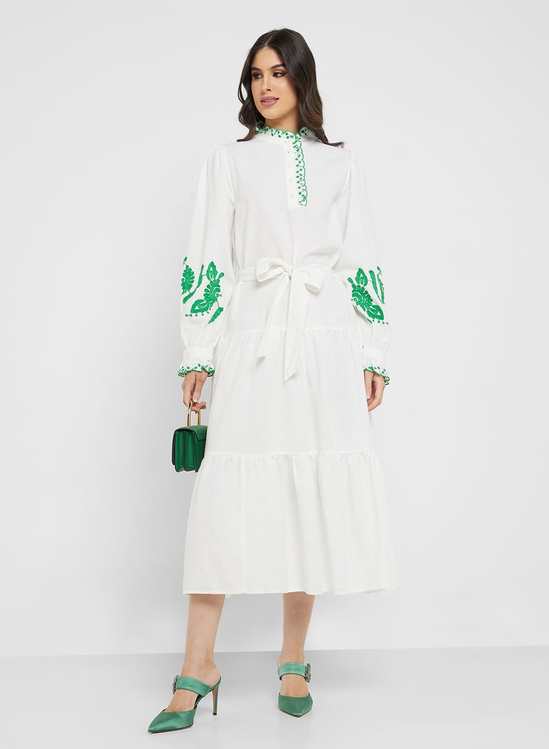 YAS Embroidered Belted Detail Collar Neck Ruffle Dress - Image 1