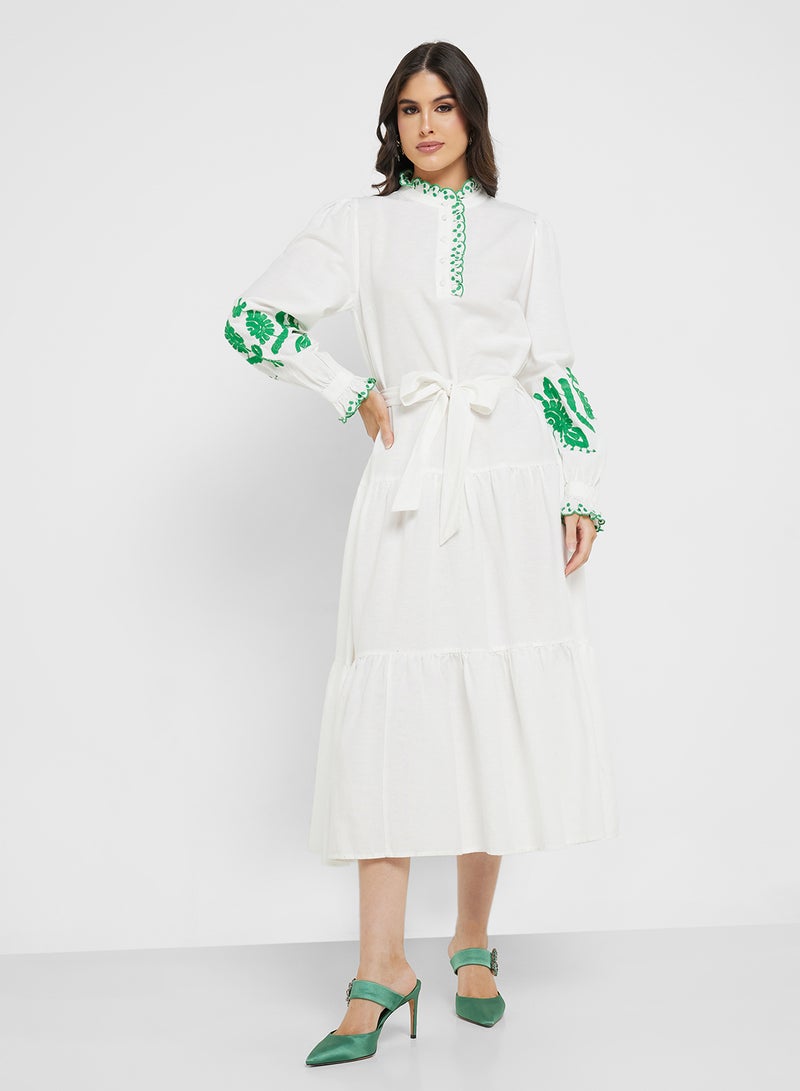 YAS Embroidered Belted Detail Collar Neck Ruffle Dress - Image 4