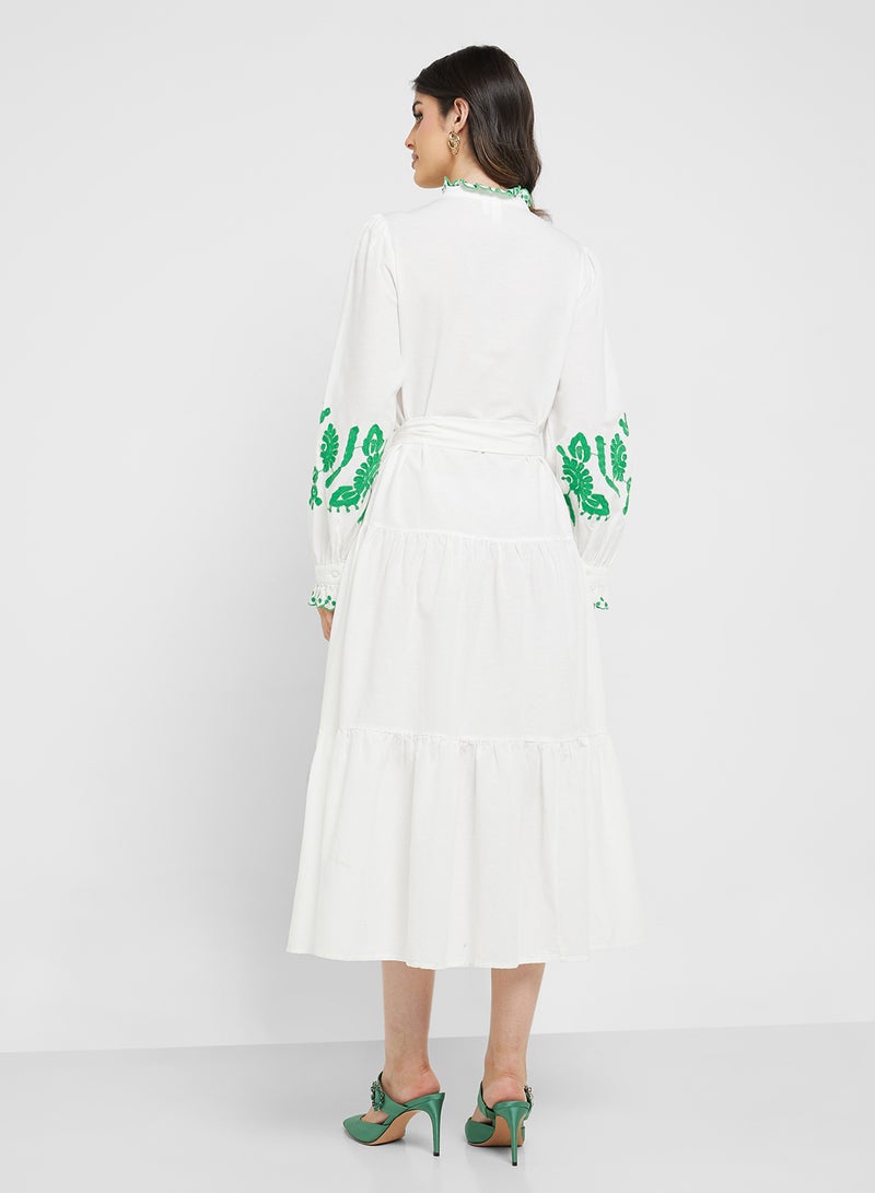 YAS Embroidered Belted Detail Collar Neck Ruffle Dress - Image 2