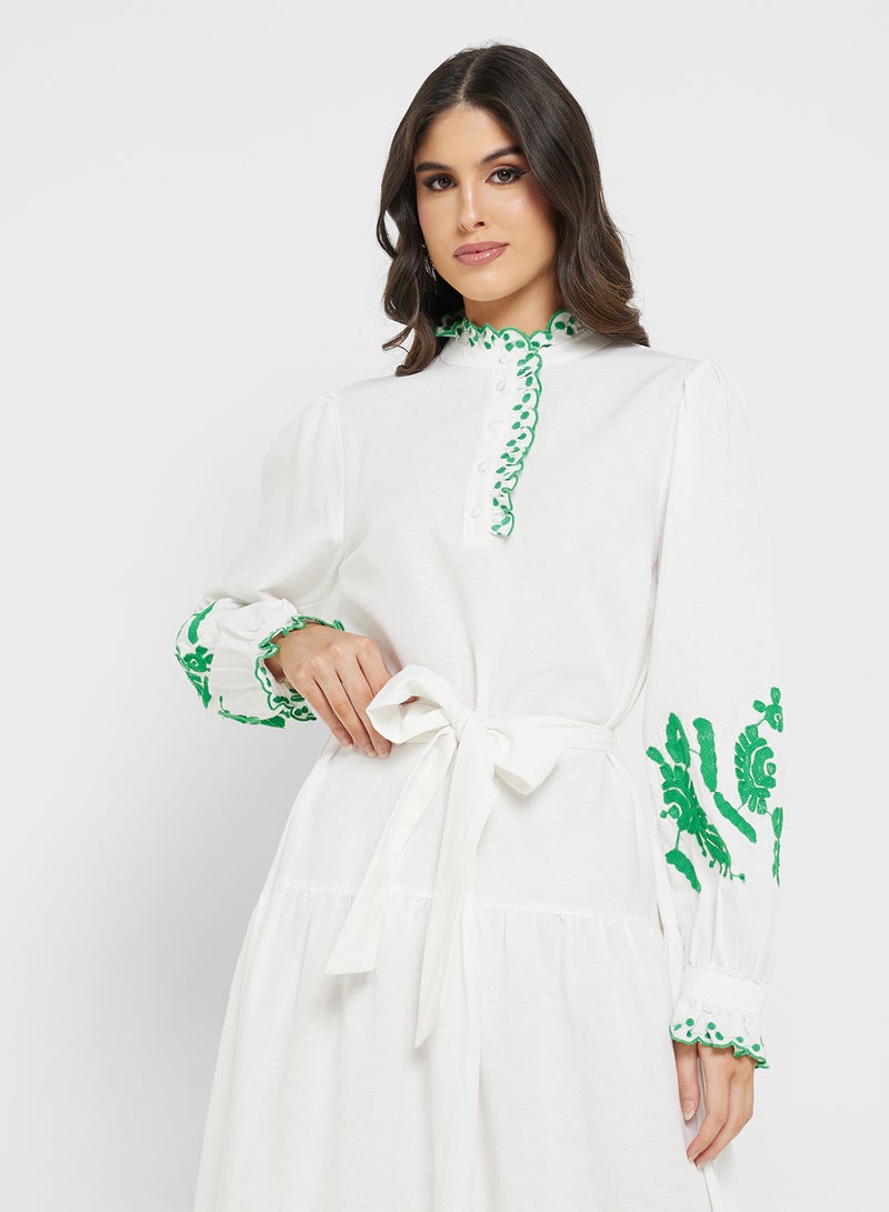 YAS Embroidered Belted Detail Collar Neck Ruffle Dress - Image 3
