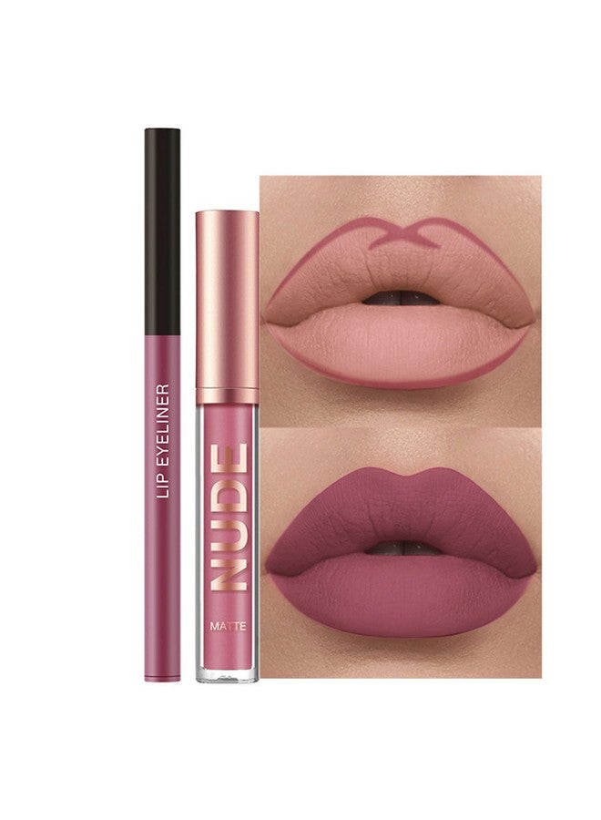 Rosarden 2Pcs Matte Lipstick And Lip Liner Set Cream Nude Mauve Long Lasting Waterproof Lipliner Pencil & Plumper Lip Gloss Retractable Lip Liner And Liquid Lipstick For Women Girls Lip Makeup - Image 1