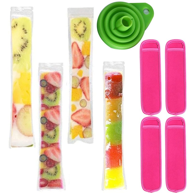 200 Pack Ice Popsicle Molds Bags  ZipTop Disposable DIY Ice Pop Mold Bags  Summer Ice Pop Pouch with 4 Ice Pop Sleeves  1 Silicone Funnel for Yogurt Ice Candy or Freeze Pops
