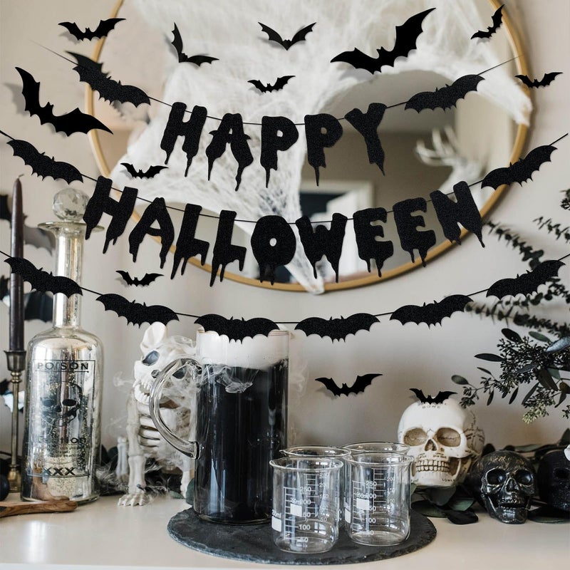 LeeSky All temp range compatible build Black Glitter Happy Halloween Banner and Bat Garland Bat Wall Decals, Happy Halloween Party Banner Decorations for Haunted Houses Halloween Home Indoor Mantle Decor Easy handling optimized design - Image 2