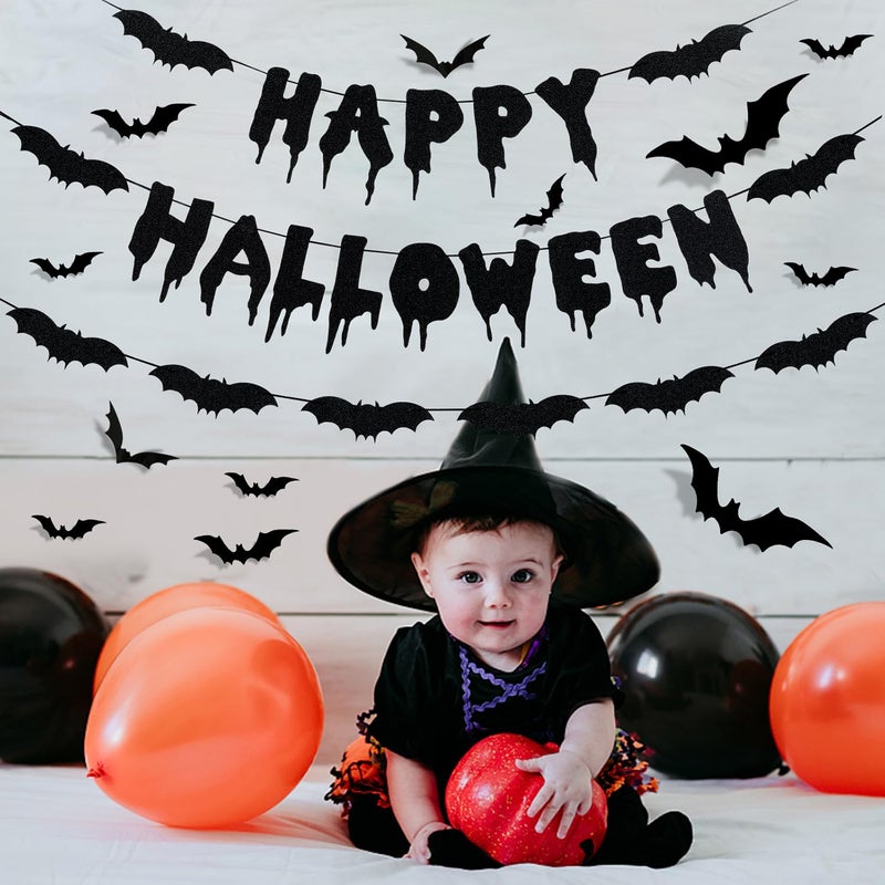 LeeSky All temp range compatible build Black Glitter Happy Halloween Banner and Bat Garland Bat Wall Decals, Happy Halloween Party Banner Decorations for Haunted Houses Halloween Home Indoor Mantle Decor Easy handling optimized design - Image 3