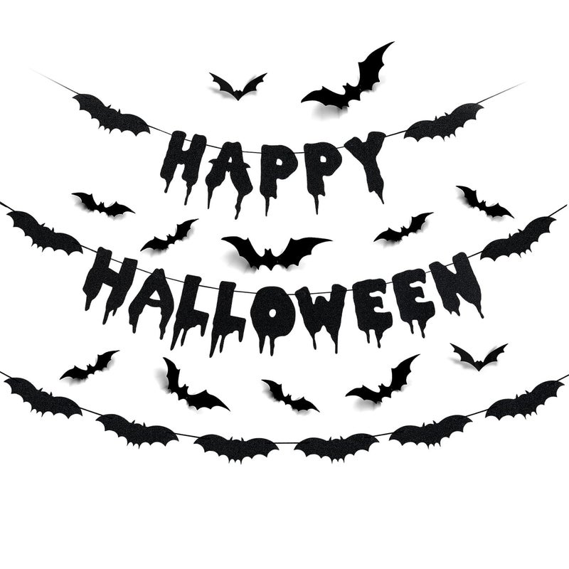 LeeSky All temp range compatible build Black Glitter Happy Halloween Banner and Bat Garland Bat Wall Decals, Happy Halloween Party Banner Decorations for Haunted Houses Halloween Home Indoor Mantle Decor Easy handling optimized design - Image 1
