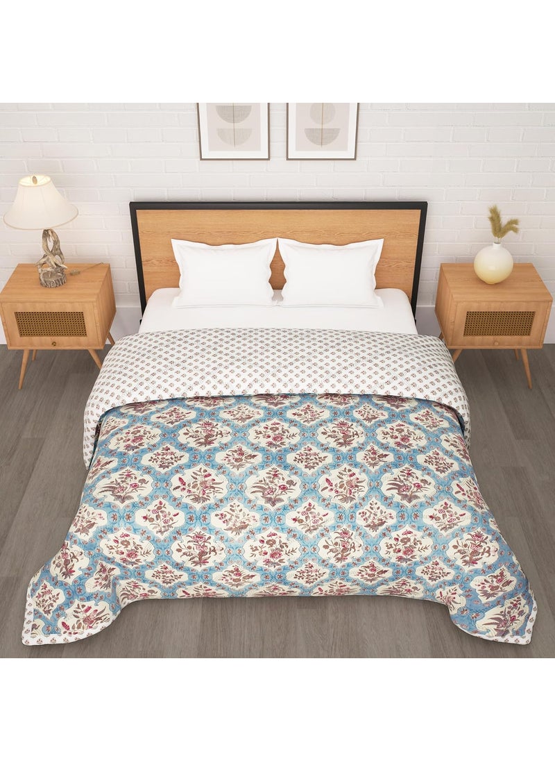 Story@Home - Story@Home Double Bed Comforter | Microfiber Blanket | Dohar | 220x250 cm | Cream & Blue Blanket Floral Design | Cozy Bedding Blankets for Winter All Seasons and Stylish Home Bedroom Decoration Items - Image 1
