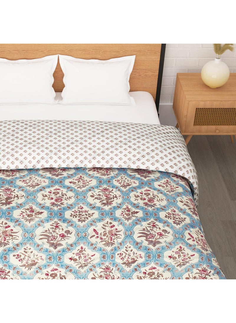 Story@Home - Story@Home Double Bed Comforter | Microfiber Blanket | Dohar | 220x250 cm | Cream & Blue Blanket Floral Design | Cozy Bedding Blankets for Winter All Seasons and Stylish Home Bedroom Decoration Items - Image 1