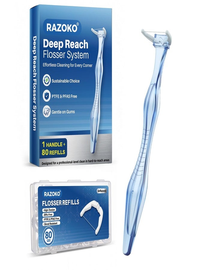رزوكو نظام تنظيف الأسنان بالخيط RAZOKO Deep Reach – 80 رأسًا بديلة + مقبض طويل قابل لإعادة الاستخدام، خالٍ من PFAS ومقاوم للتمزق للمناطق التي يصعب الوصول إليها، أزرق - Image 1