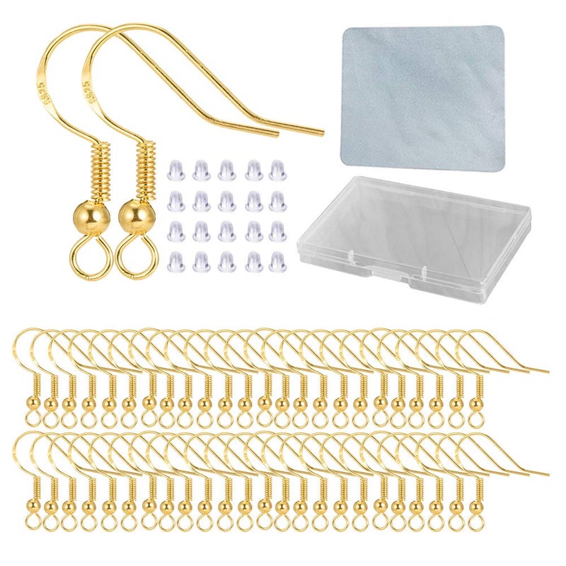 Hypoallergenic Gold Earring Hooks 120 pcs60 Pairs 18k Gold Nickel Free Ear Wires Fish Hooks for Jewelry Making Jewelry findings Parts with 120 pcs Rubber Earring Backs Stopper for DIY Earrings