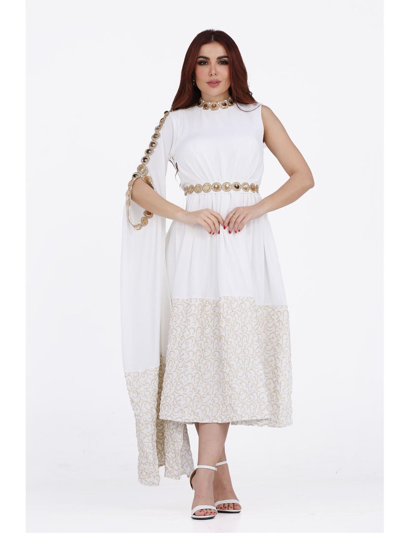 Modern Design A women's gown with golden embroidery, characterized by a long, open, drop-down side sleeve, distinguished by elaborate and consistent embroidery, elegant golden embroidery, and it is also characteriz  - Image 1