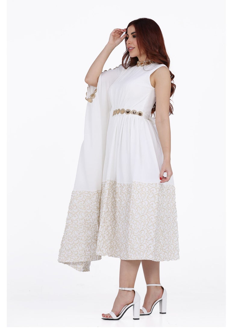 Modern Design A women's gown with golden embroidery, characterized by a long, open, drop-down side sleeve, distinguished by elaborate and consistent embroidery, elegant golden embroidery, and it is also characteriz  - Image 3