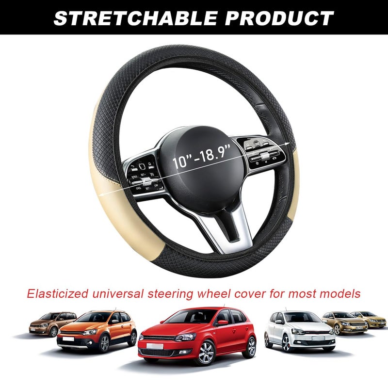 DXNQ Car Steering Wheel Cover, 15 Inch Carbon Fiber Leather Stitching Color Steering Wheel Protector, Anti-Slip Elastic Breathable Steering Wheel Cover Stylish Decor for Most Cars (Beige, AD) - Image 2