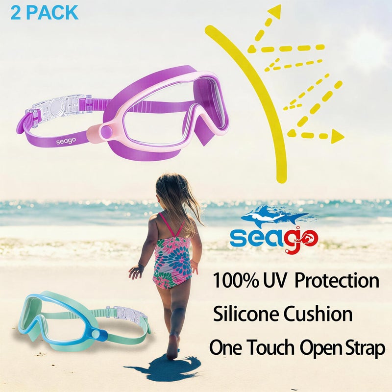 Seago Kids Goggles for Swimming 2 Pack No Leaking Anti-Fog Outer Eye Fit with Wide View UV Protection Crystal Clear Watertight Swim Goggles with nose cover Suitable for Children Youth Boys Girls Age 3 to 14 - Image 5
