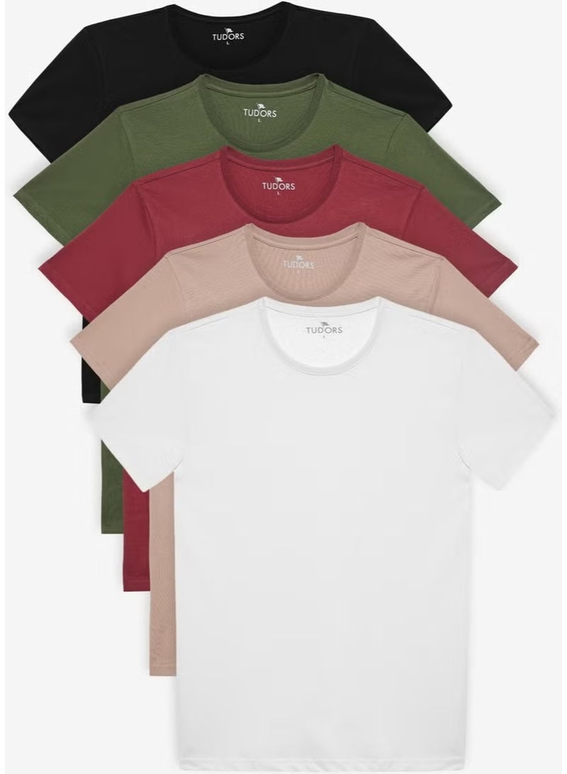 Unisex 5-Pack Black-White-Khaki-Burgundy-Mink Slim Fit Slim Cut 100% Cotton Crew Neck T-Shirt