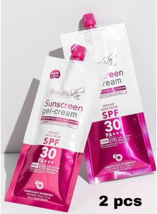 Brilliant Skin Pack of 2 Brilliant Sunscreen Gel Cream SPF 30 PA Plus Plus Plus 50g Each for Face and Body Sun Protection Lightweight Moisturizing Formula - Image 1