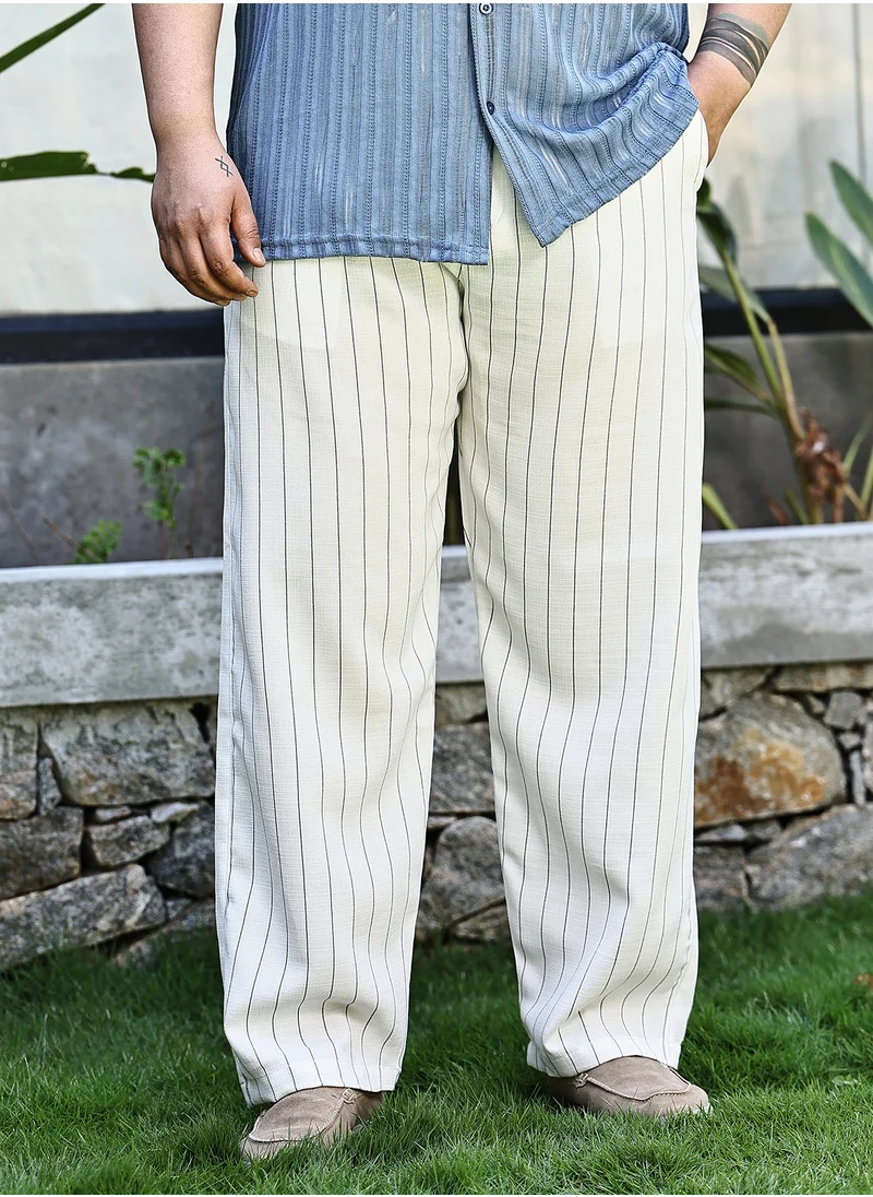 انستافاب بلس Instafab Plus Men's Ivory White Pinstriped Chino Trousers For Casual Wear | Mid-Rise | Regular Fit | Drawstring Closure | Plus Size Trousers Crafted With Comfort Fit For Everyday Wear