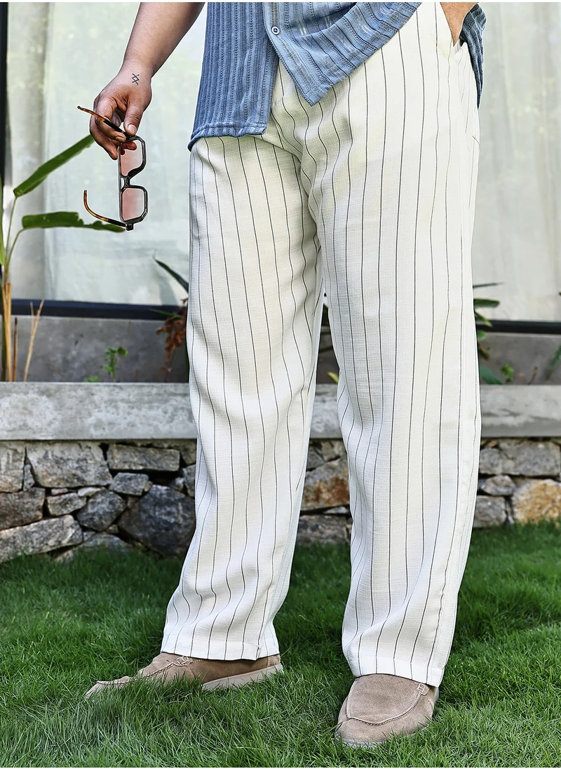 انستافاب بلس Instafab Plus Men's Ivory White Pinstriped Chino Trousers For Casual Wear | Mid-Rise | Regular Fit | Drawstring Closure | Plus Size Trousers Crafted With Comfort Fit For Everyday Wear