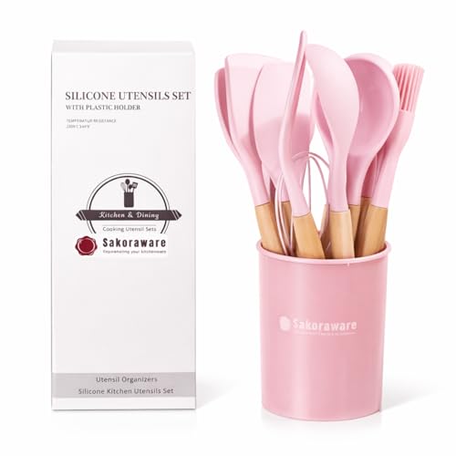 Sakoraware Silicone Kitchen Utensils Spoon Spatula Cooking 12 Pcs Set | Baking Set | Non-Stick with Wooden Handle- BPA Free, Heat Resistant Item Flexible Non Toxic Silicon Cookware Tools with Holder - Image 2