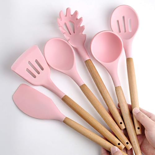 Sakoraware Silicone Kitchen Utensils Spoon Spatula Cooking 12 Pcs Set | Baking Set | Non-Stick with Wooden Handle- BPA Free, Heat Resistant Item Flexible Non Toxic Silicon Cookware Tools with Holder - Image 4