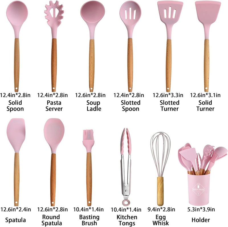 Sakoraware Silicone Kitchen Utensils Spoon Spatula Cooking 12 Pcs Set | Baking Set | Non-Stick with Wooden Handle- BPA Free, Heat Resistant Item Flexible Non Toxic Silicon Cookware Tools with Holder - Image 3