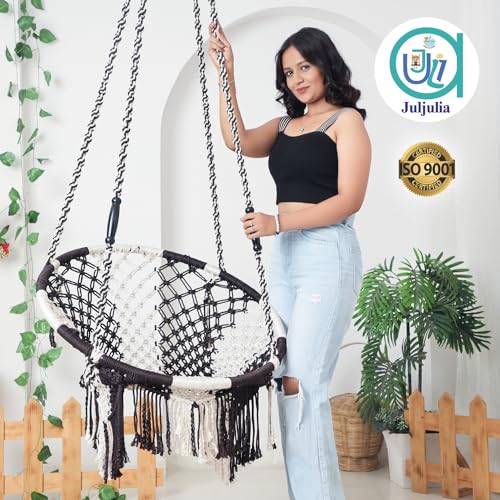 JULJULIA Swing for Balcony Comfortable Cotton Relaxing Jhula for Adults for Home Indoor Outdoor Hanging Seat for Apartment Patio Terrace Garden- 200 kg Weight Capacity - Round Swing 09 Coffee - Image 4