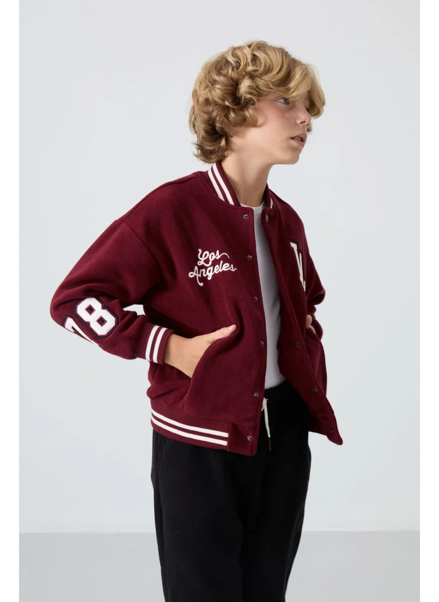 Tommy Life Purple Thick Soft Texture Standard Fit Embroidered Fleece Boys College Jacket - 11227