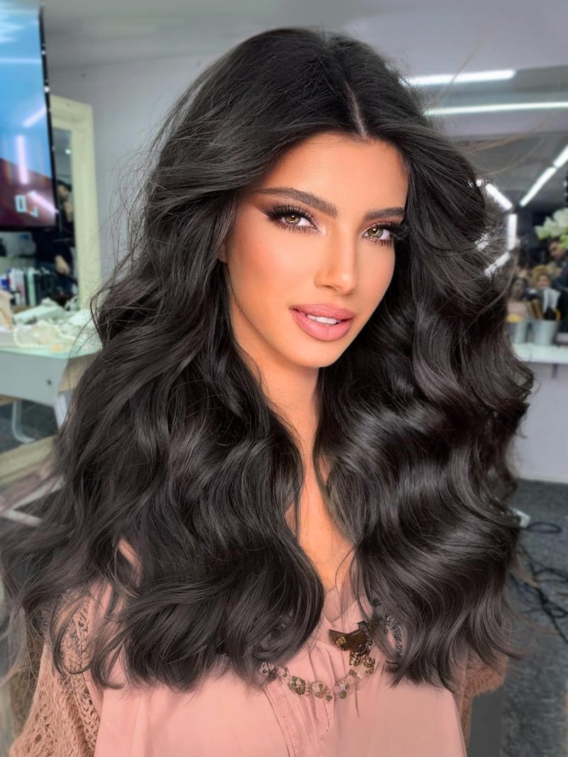 Nnzes Black Wigs with Bangs for Women Long Wavy Wigs with Curtain Bangs Natural Wig Heat Resistant Charming Synthetic Hair for Daily Party Use 22 inches