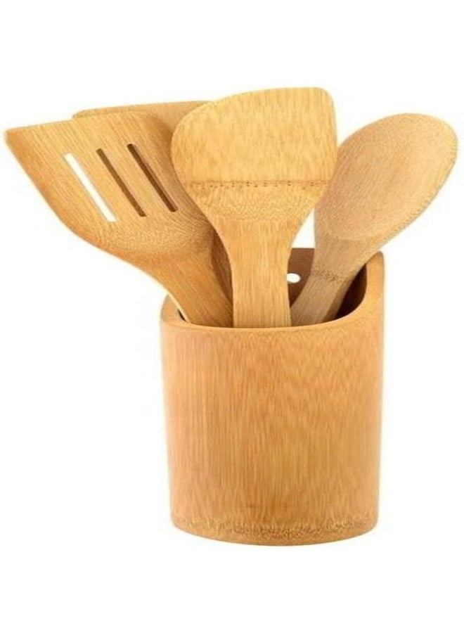 7pc Wooden Kitchen Utensil Set with Holder | Handmade Bamboo Cooking Tools | Eco Friendly Nonstick Safe Set | Kitchen Organizer Gulf - Image 1