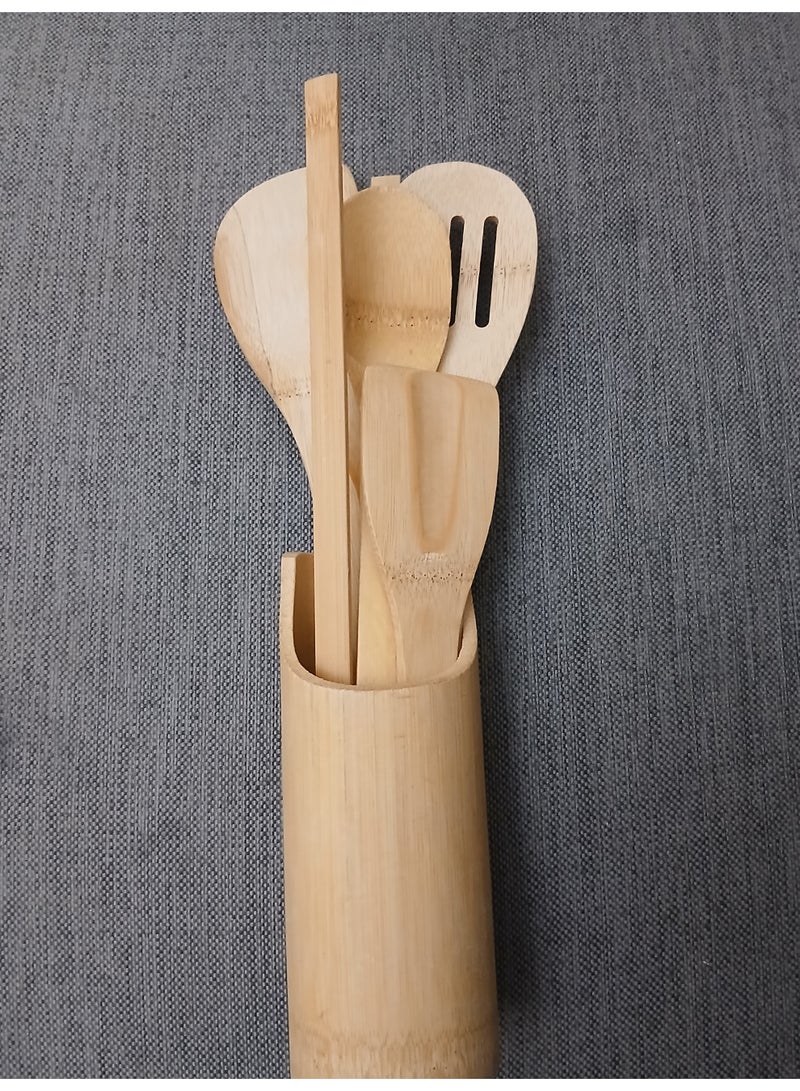 7pc Wooden Kitchen Utensil Set with Holder | Handmade Bamboo Cooking Tools | Eco Friendly Nonstick Safe Set | Kitchen Organizer Gulf - Image 4