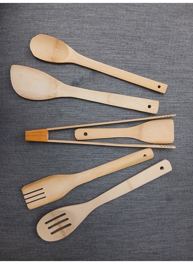 7pc Wooden Kitchen Utensil Set with Holder | Handmade Bamboo Cooking Tools | Eco Friendly Nonstick Safe Set | Kitchen Organizer Gulf - Image 2