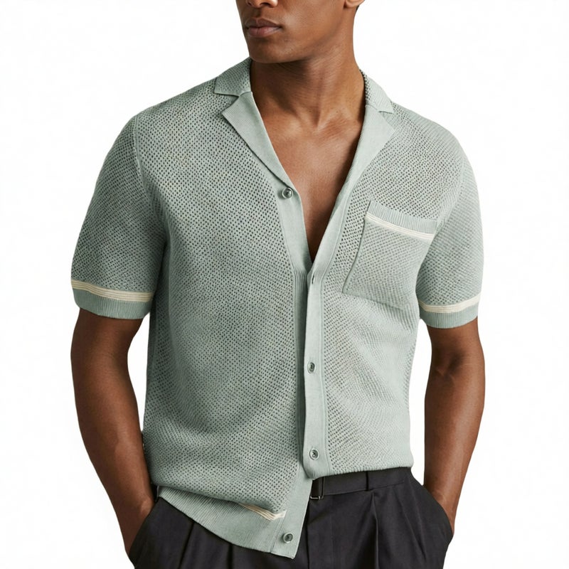 Men's Casual Knit Short Sleeve Open Front Polo Shirt with Cuban Collar - Image 1