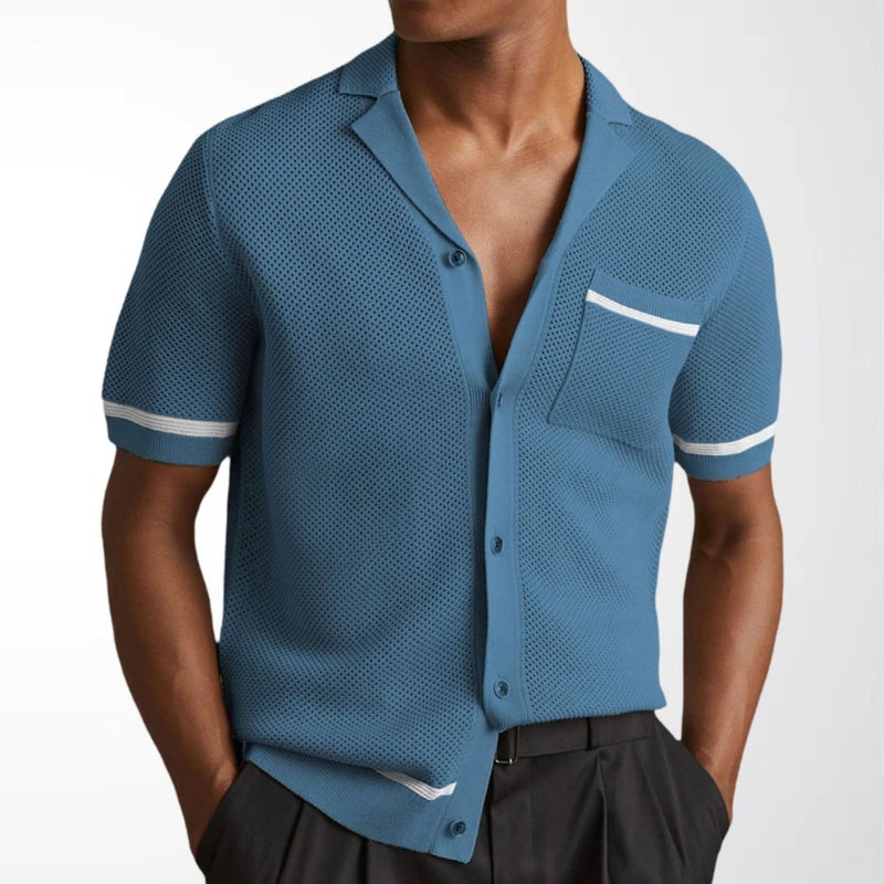 Men's Casual Knit Short Sleeve Open Front Polo Shirt with Cuban Collar - Image 2
