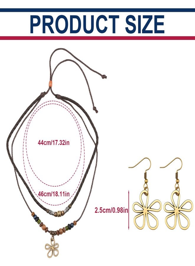 قلادة وأقراط بوهيمية متعددة الطبقات، خرز خشبي، قلادة قصيرة، تعليقة زهرة مجوفة، مجوهرات بوهيمية - Image 2