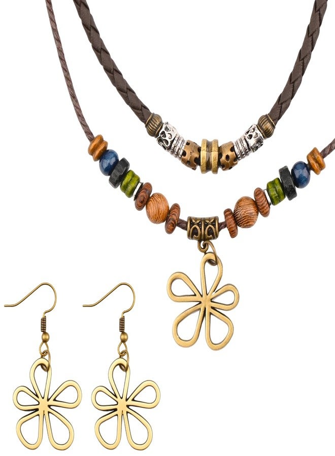 قلادة وأقراط بوهيمية متعددة الطبقات، خرز خشبي، قلادة قصيرة، تعليقة زهرة مجوفة، مجوهرات بوهيمية - Image 1