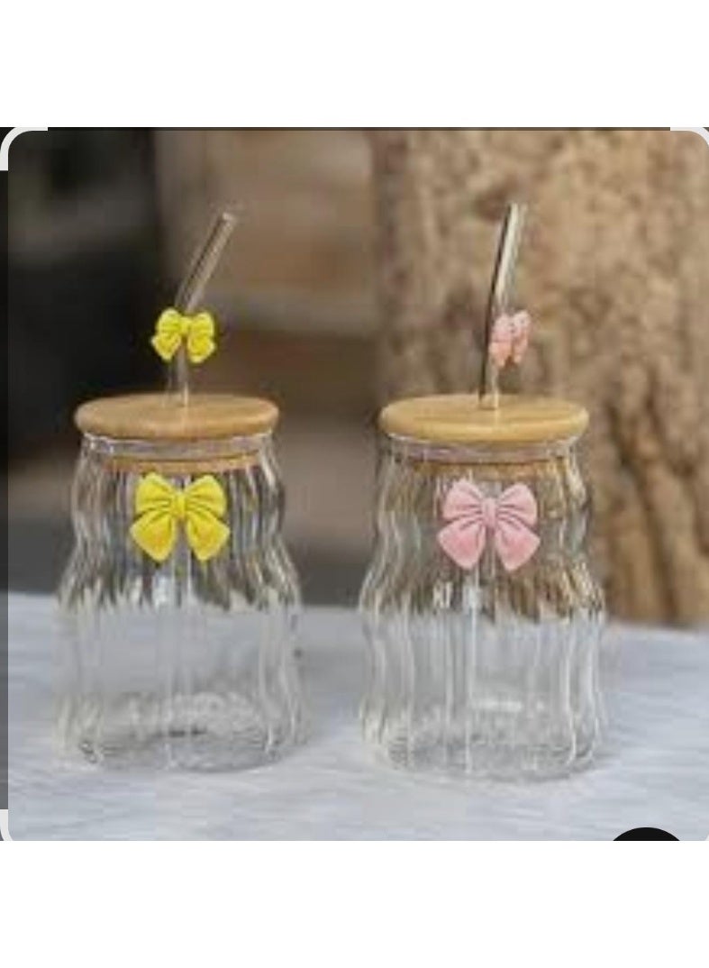 Heat-Resistant Ribbed Glass Iced Coffee Mug with Multicolor Bow, Wooden Lid and Glass Straw – Elegant Cup for Hot and Cold Drinks - Image 5