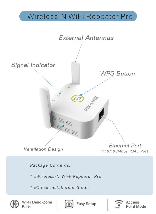 بيكسلينك واي فاي موسع ، 300Mbps واي فاي مجموعة موسع ، 2.4 و 5GHz WPS مكرر الإنترنت ، مع منفذ إيثرنت ، ومناسبة للاستخدام المنزلي واي فاي مكرر  - Image 3