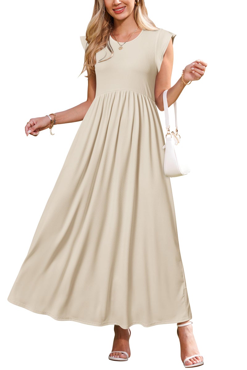 OUGES Maternity Dress for Baby Shower Photoshoot Summer Casual Ruffle Sleeve Maxi Dress with Pockets(Apricot,M) - Image 1