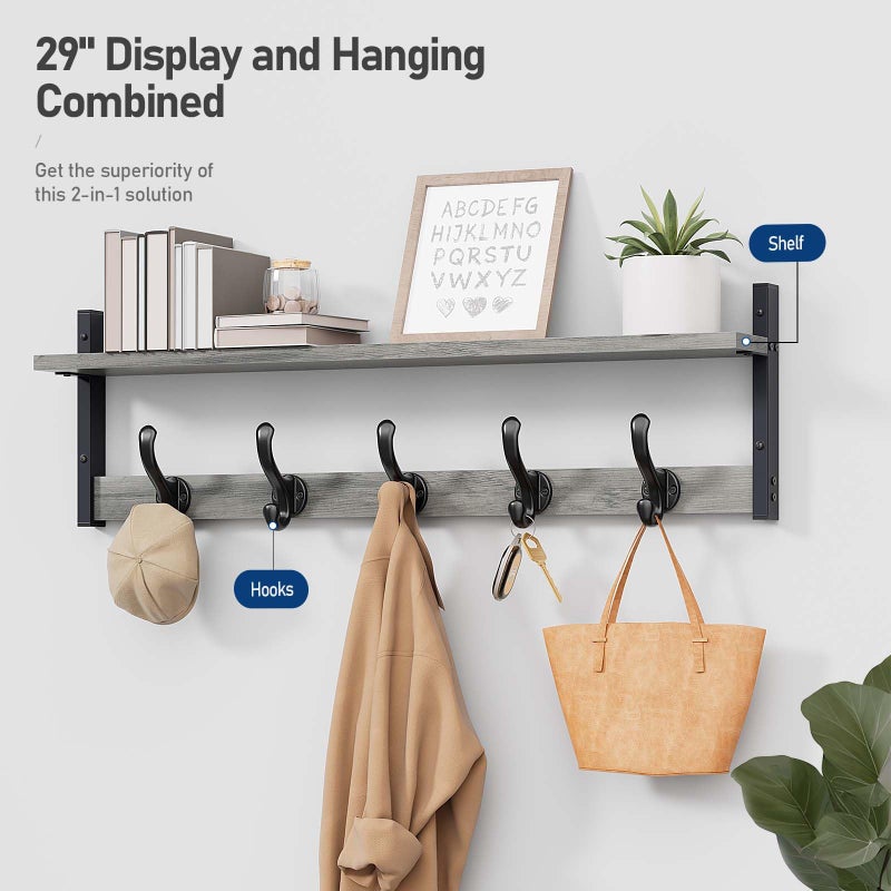 Tatub 29" Rustic Coat Rack Wall Mount with Shelf, Heavy Duty Wall Hooks with Shelf, Entryway Rustic Hat Rack Wall Coat Hangers for Living Room, Hallway, Kitchen - Image 2