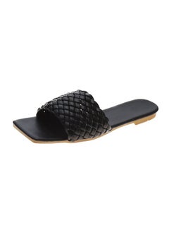 New Womens Slippers 2022 Summer One-Row Weave Lightweight Outside Wear Womens Style Casual Beach Shoes Synthetic Material Black