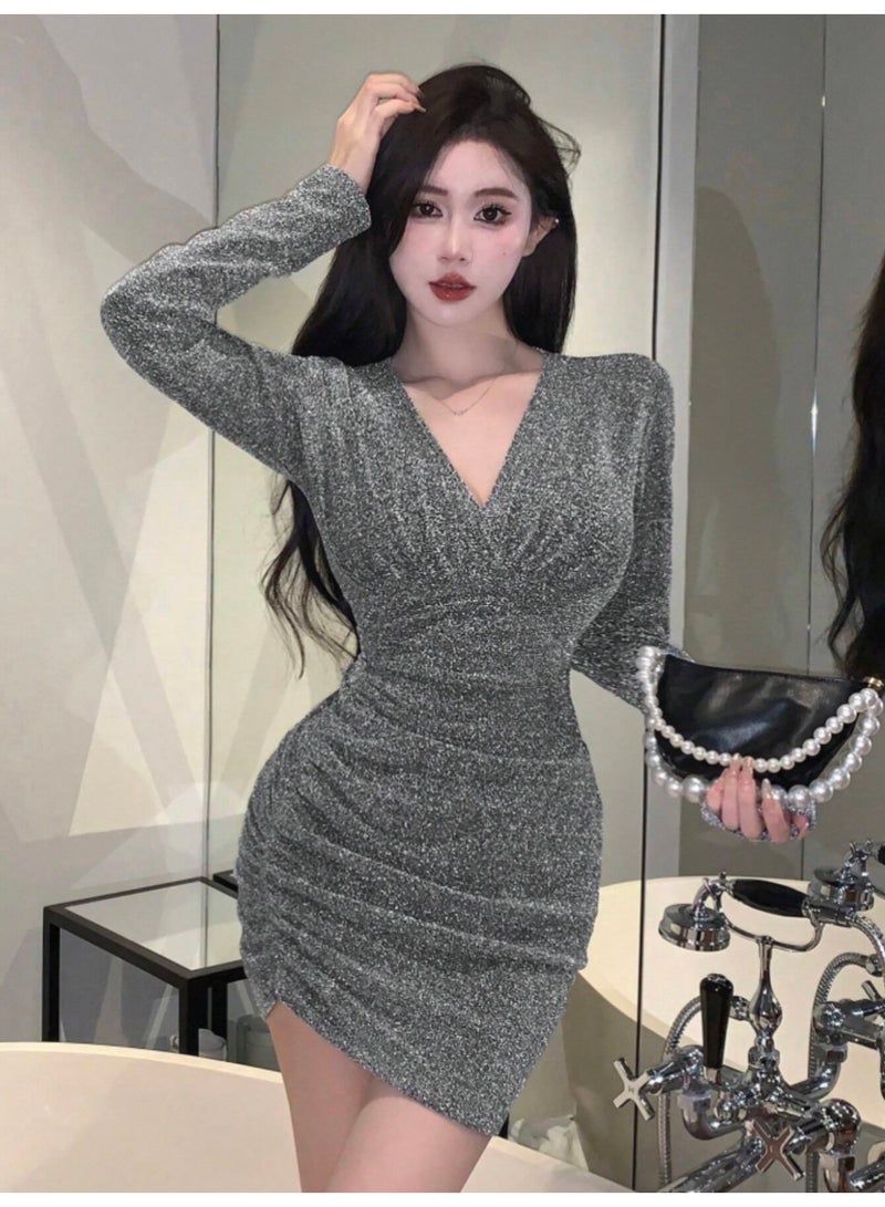 SHEIN Dress Sparkling V-Neck Long Sleeve Ruched Short Cocktail Dress, Grey Elegant Party Prom Dress for Women, Luxury Valentine's Day Outfit - Image 1