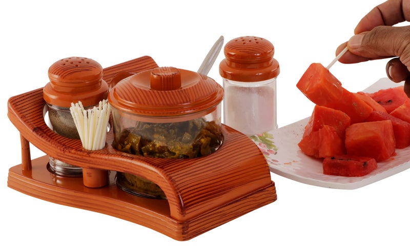 Nabhya Complete Dining Table Set of Pickle Jars, Salt and Pepper Dispenser, Toothpick Holder and Spoon Holder(Wooden Look Design, Plastic) (Oscar) - Image 1