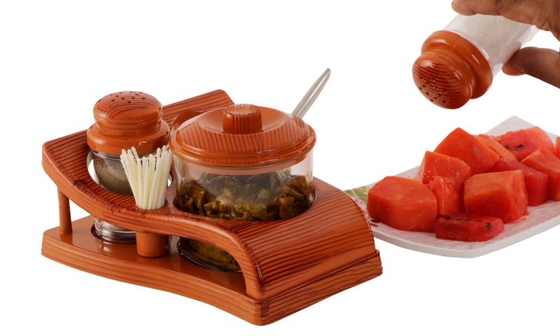 Nabhya Complete Dining Table Set of Pickle Jars, Salt and Pepper Dispenser, Toothpick Holder and Spoon Holder(Wooden Look Design, Plastic) (Oscar) - Image 3