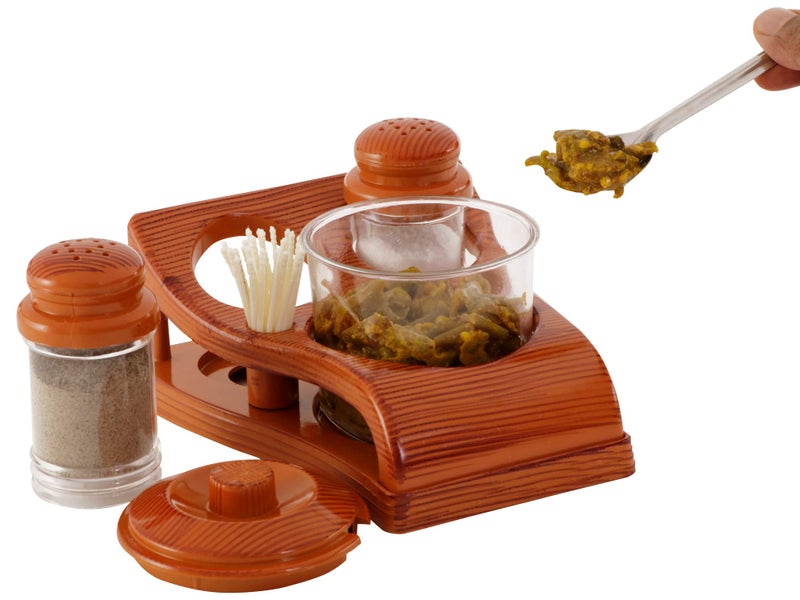 Nabhya Complete Dining Table Set of Pickle Jars, Salt and Pepper Dispenser, Toothpick Holder and Spoon Holder(Wooden Look Design, Plastic) (Oscar) - Image 2