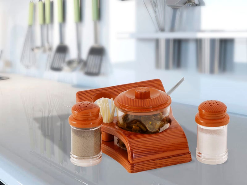 Nabhya Complete Dining Table Set of Pickle Jars, Salt and Pepper Dispenser, Toothpick Holder and Spoon Holder(Wooden Look Design, Plastic) (Oscar) - Image 4