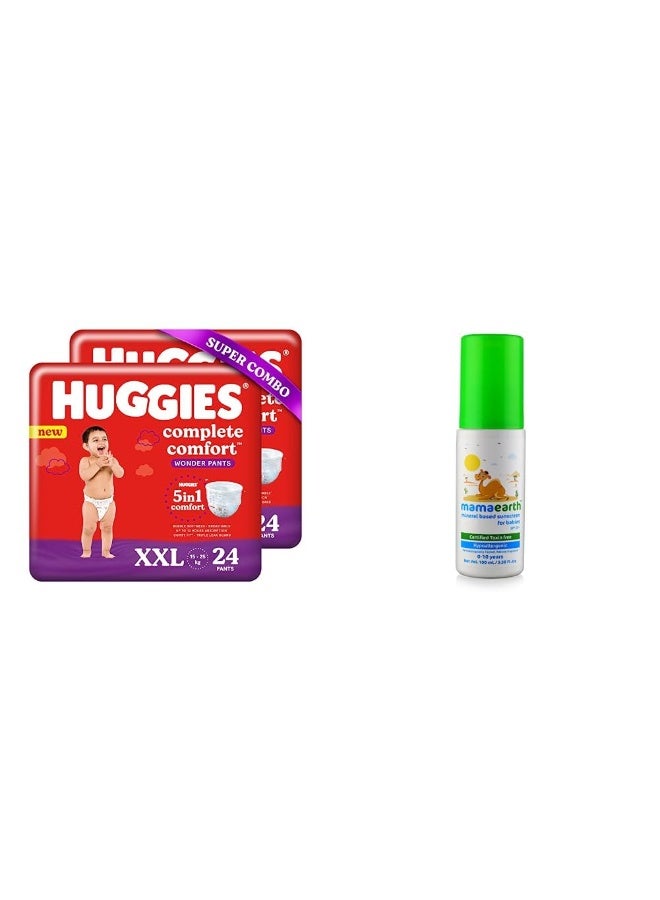 Huggies Complete Comfort Wonder Pants, Double Extra Large (XXL) Combo Pack of 2, 24 count Per Pack, (48 count) & Mamaearth Mineral Based Sunscreen Baby Lotion SPF 20+,Hypoallergenic,100ml,(0-10 Years)