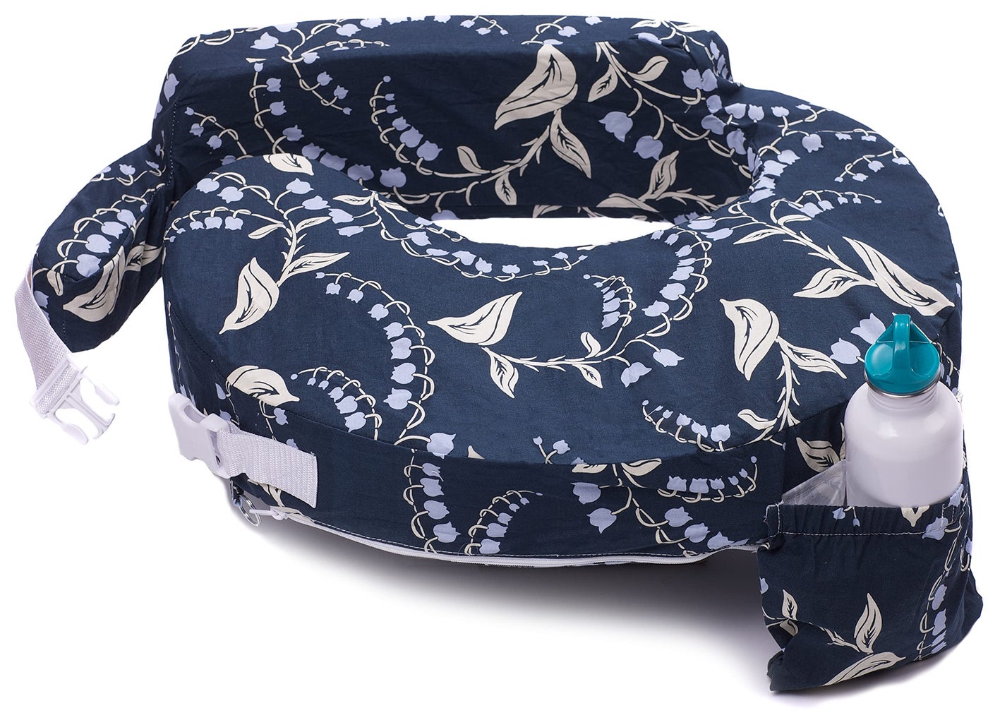 My Brest Friend Original Nursing Pillow Enhanced Ergonomics Essential Breastfeeding Pillow Support For Mom & Baby W/ Convenient Side Pocket, Double Straps & Slipcover, Navy Bluebells