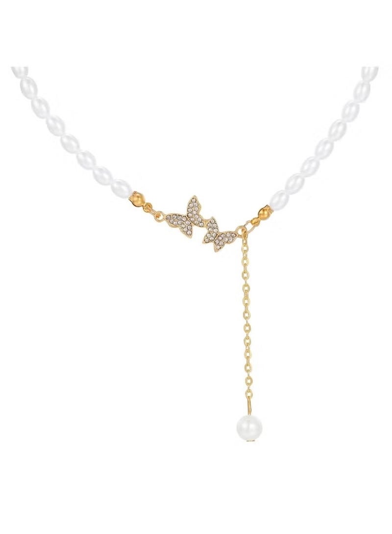 Huitich Pearl Chain Necklace with Crystal Butterfly & Drop Charm – Gold Color Tone - Image 1
