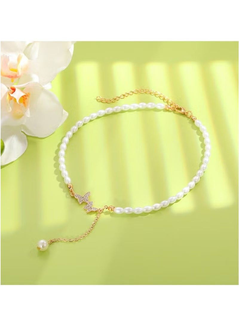 Huitich Pearl Chain Necklace with Crystal Butterfly & Drop Charm – Gold Color Tone - Image 3